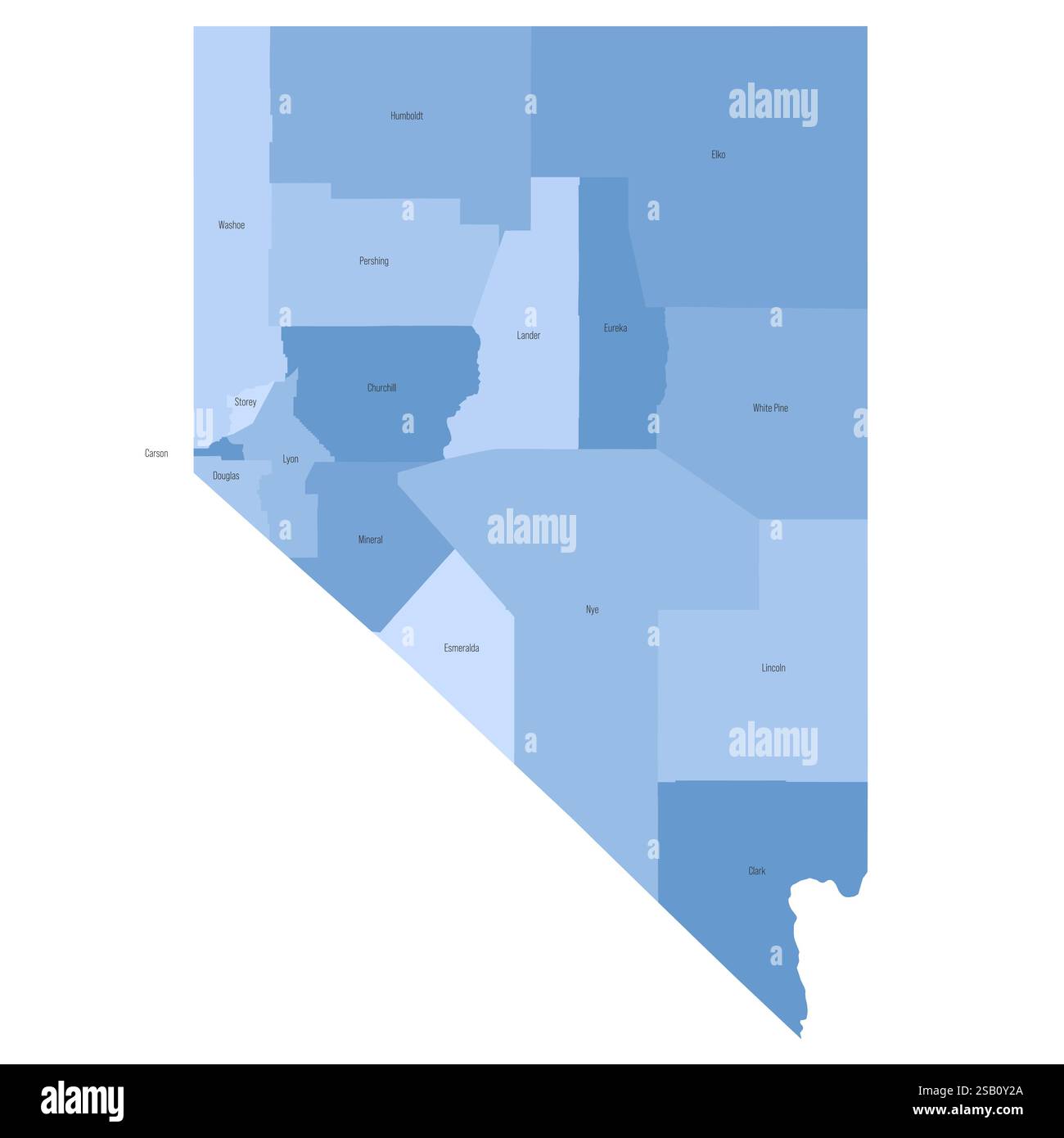 Nevada NV Detailed Political Map Of US State Administrative Map Nevada Nv Detailed Political Map Of Us State Administrative Map Divided Into Counties Blue Map With County Name Labels Vector Illustration 2SB0Y2A