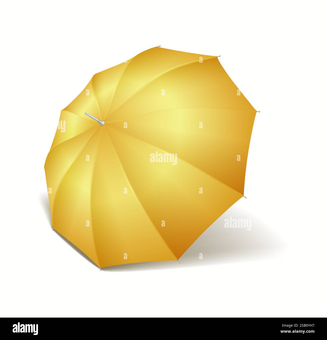 Classic yellow cane umbrella casting soft shadow realistic vector illustration. Bright cover from rain and sunshine 3d object on white background Stock Vector