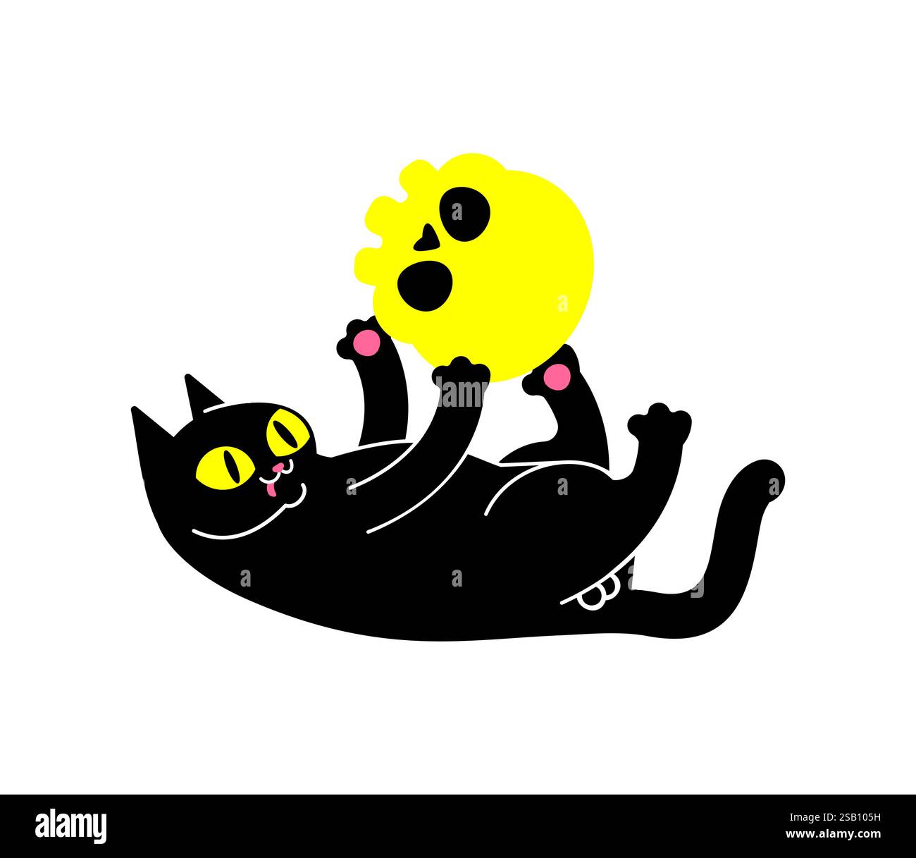 Cat plays with skull. Cat and skeleton head. Stock Vector