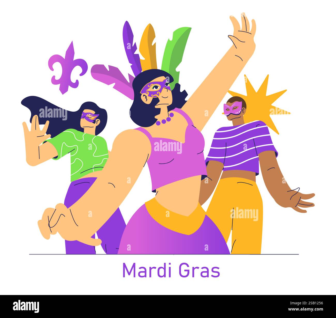 Mardi Gras celebration vector illustration. This artwork captures the lively spirit of the festival with vibrant costumes, colorful masks, and an atmosphere of joy. Participants dance and engage in the festivities while showcasing traditional elements and cultural pride. It represents community, celebration, and excitement during the iconic pre-Lenten event. Vector illustration. Stock Vector