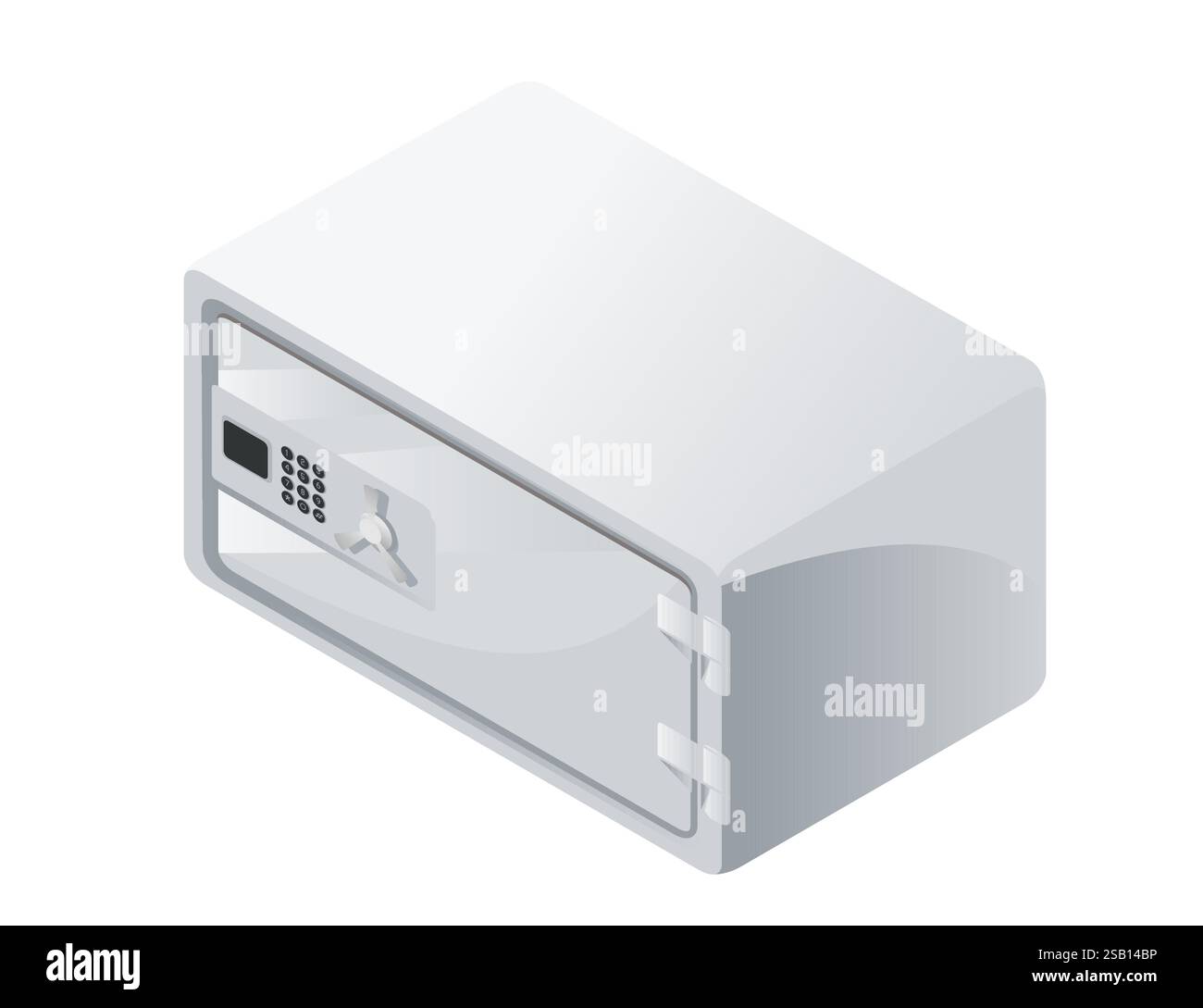 Isometric security safe with an electronic keypad. Light-colored metallic surface. Secure storage. Minimalistic modern lockbox design. Vector illustra Stock Vector