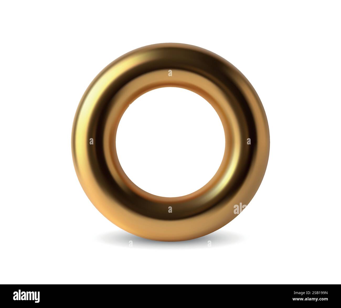 A circular, glossy gold ring with a reflective surface on a plain white ...