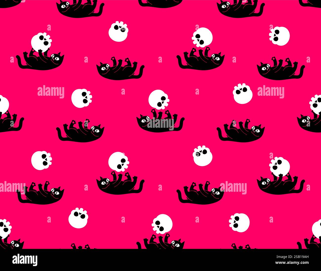 Cat plays with skull pattern seamless. Cat and skeleton head background. Stock Vector