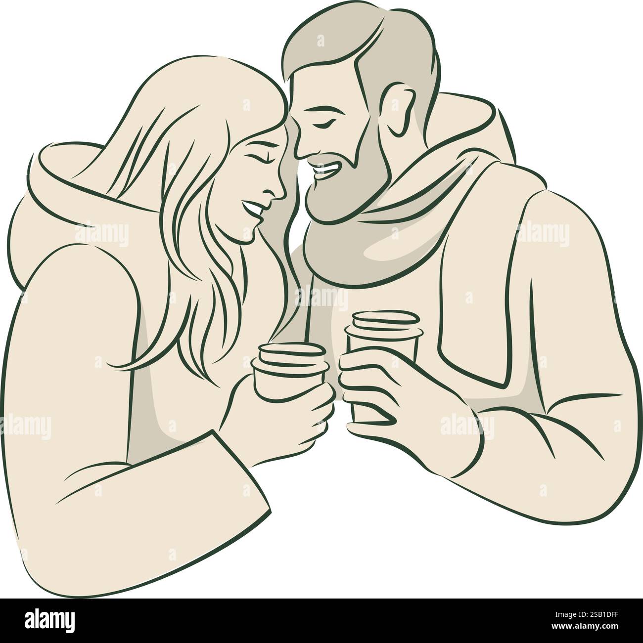 Cute couple in love in warm clothes holding paper cups with hot coffee or mulled wine in their hands. Simple linear vector drawing Stock Vector