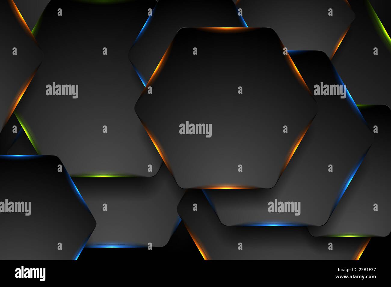 Black tech hexagons with colorful glowing lights abstract background ...