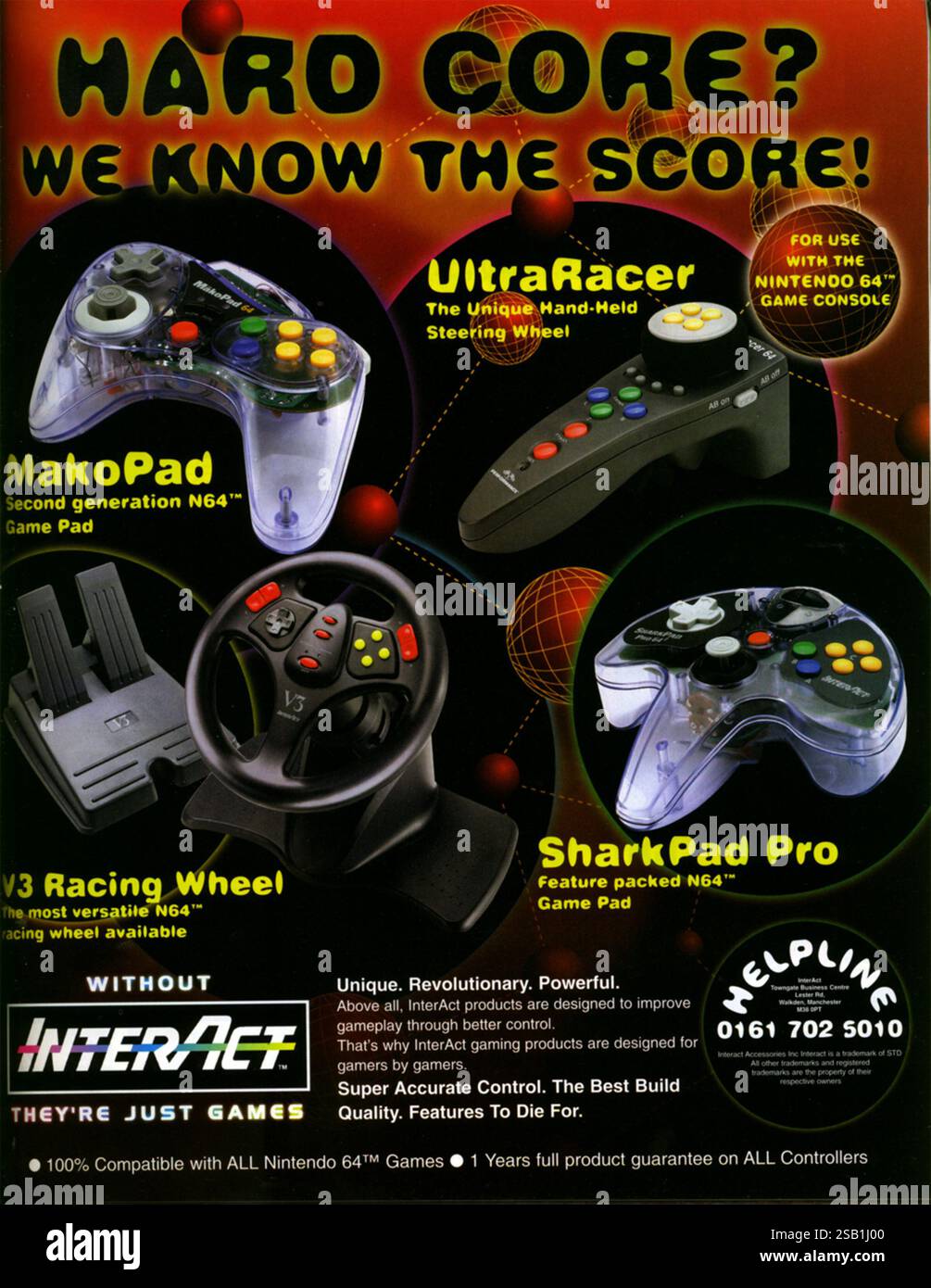 1998 UK Interact gaming tools pads, steering wheel, sharkpad, controlllers ad Stock Photo