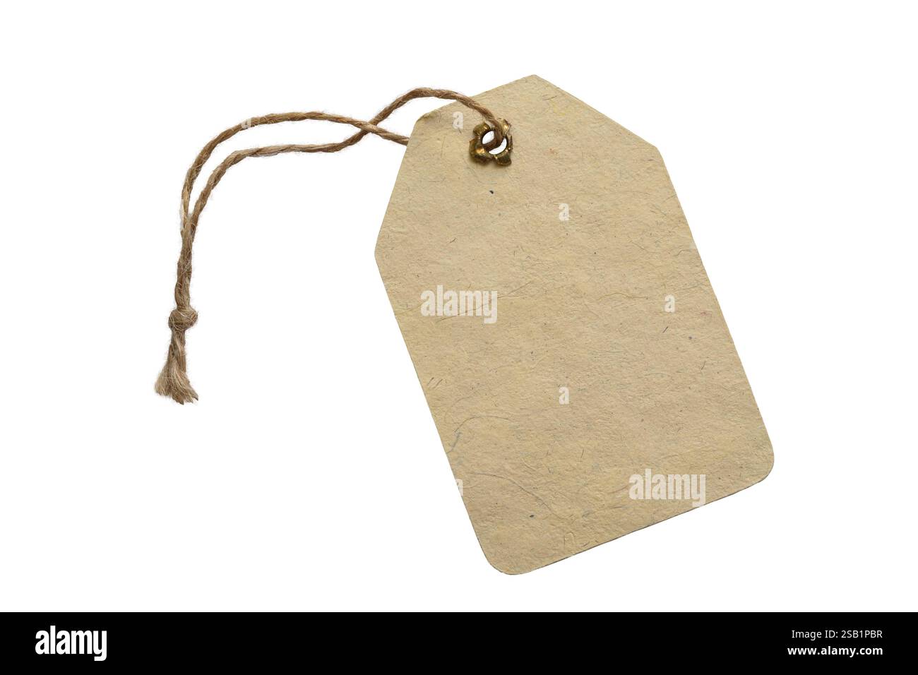 Recycled paper tag with twine string isolated cutout on white Stock Photo