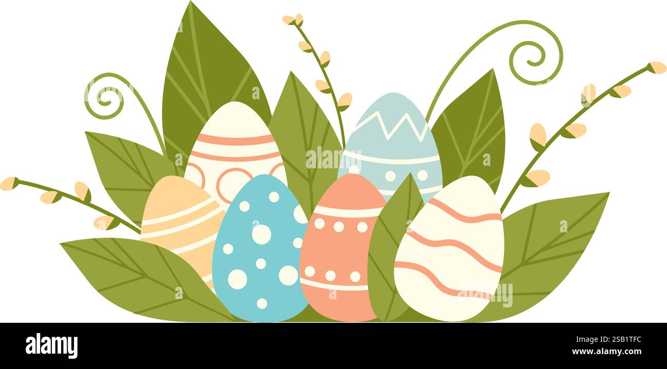 Colorful easter eggs. Happy Easter greeting composition. isolated Flat vector illustration Stock Vector