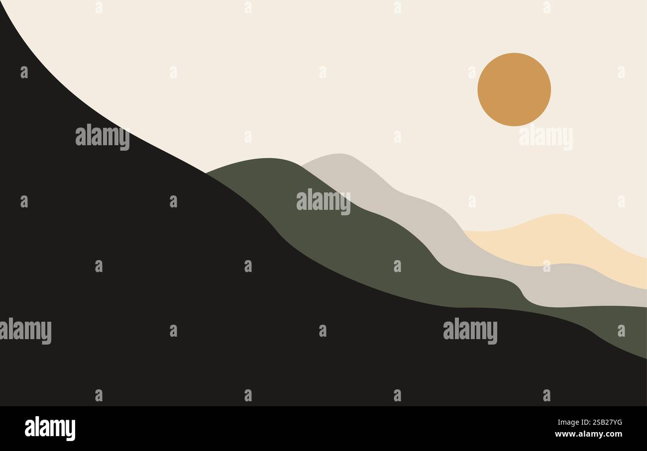 Mountain Art Vector With Sun Design. Mountain Papercut Design Stock Vector