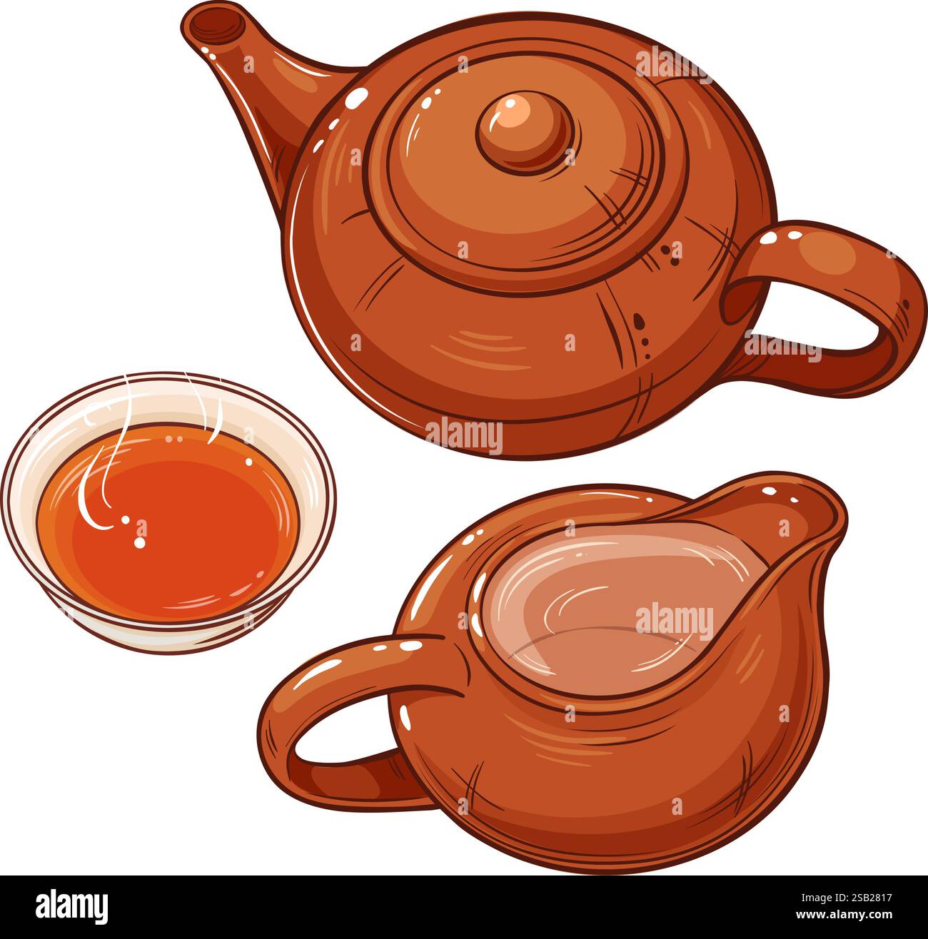 Cup of Tea and Teapot Colored Illustration Stock Vector