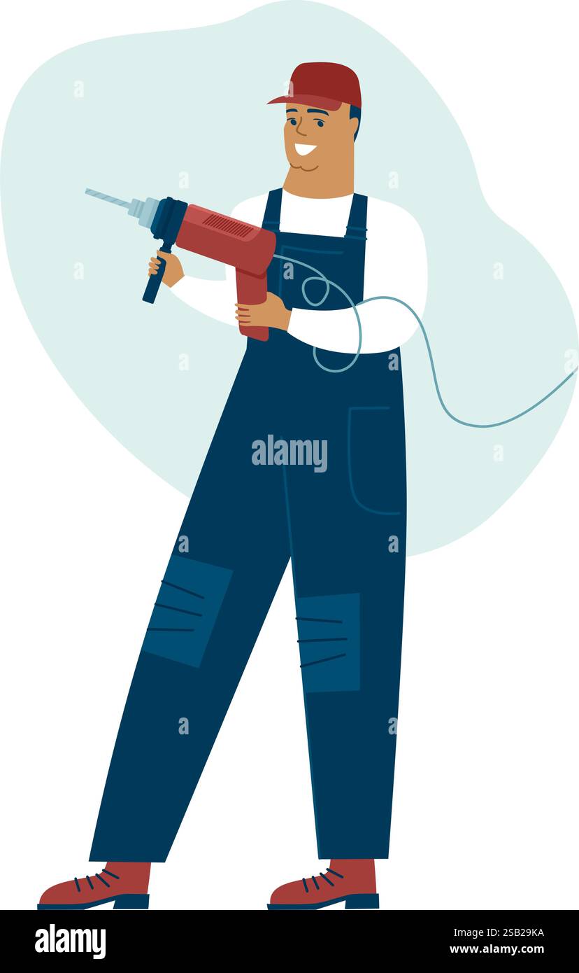 A worker handyman or builder with an electric drill perforator. Repair service and construction concept. Repairman vector character Stock Vector