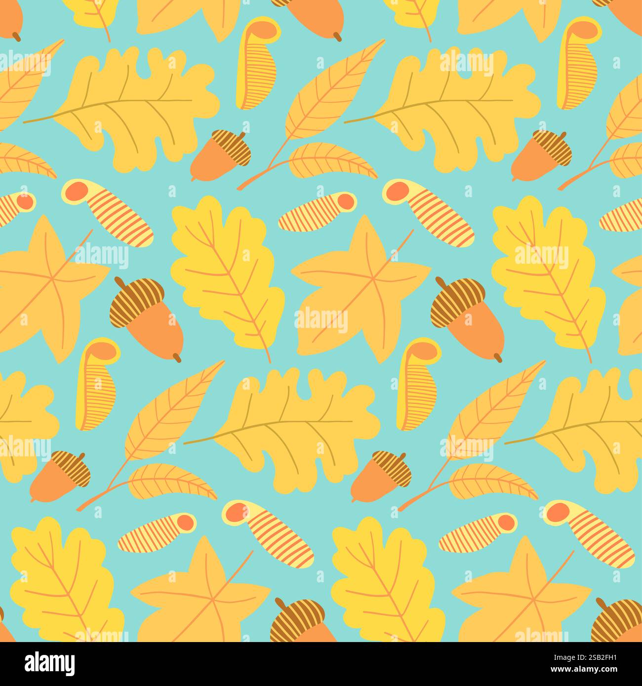 Playful yellow leaves, acorns, and ferns on a light blue backdrop, perfect for nature-themed illustrations and fall-inspired designs Stock Vector