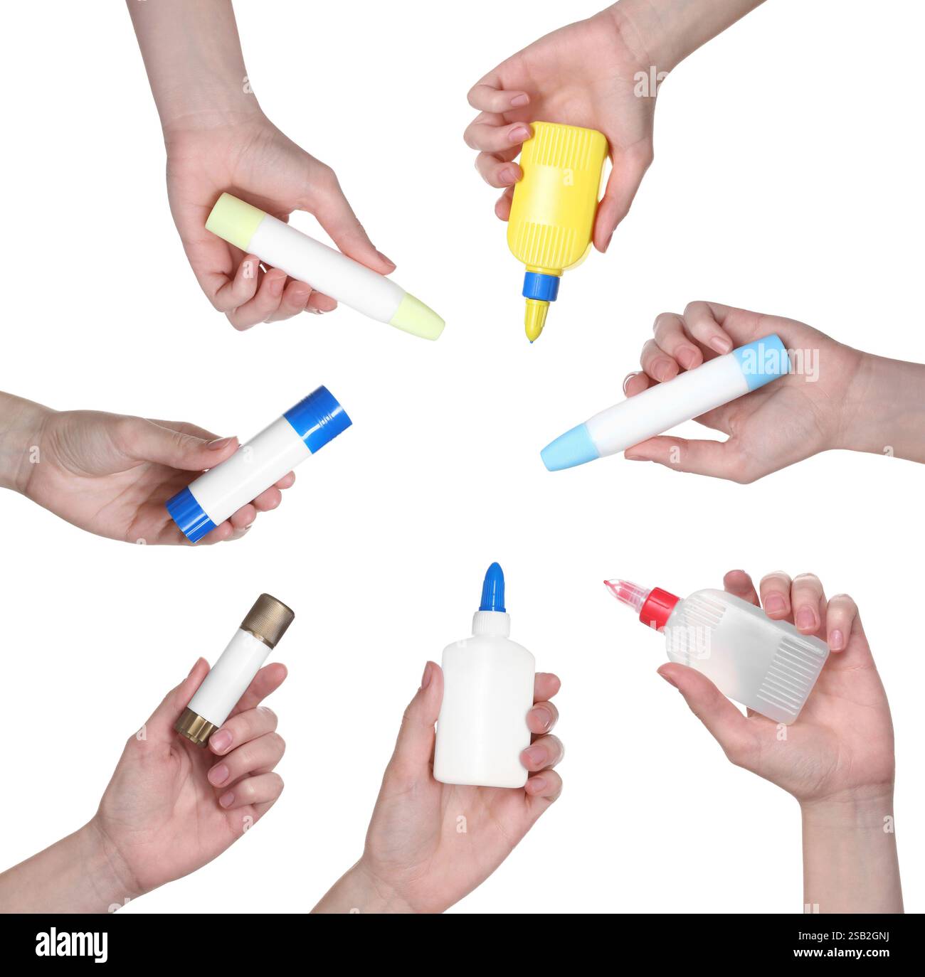 People Holding Different Types Of Glue In Hands Isolated On White Set people-holding-different-types-of-glue-in-hands-isolated-on-white-set