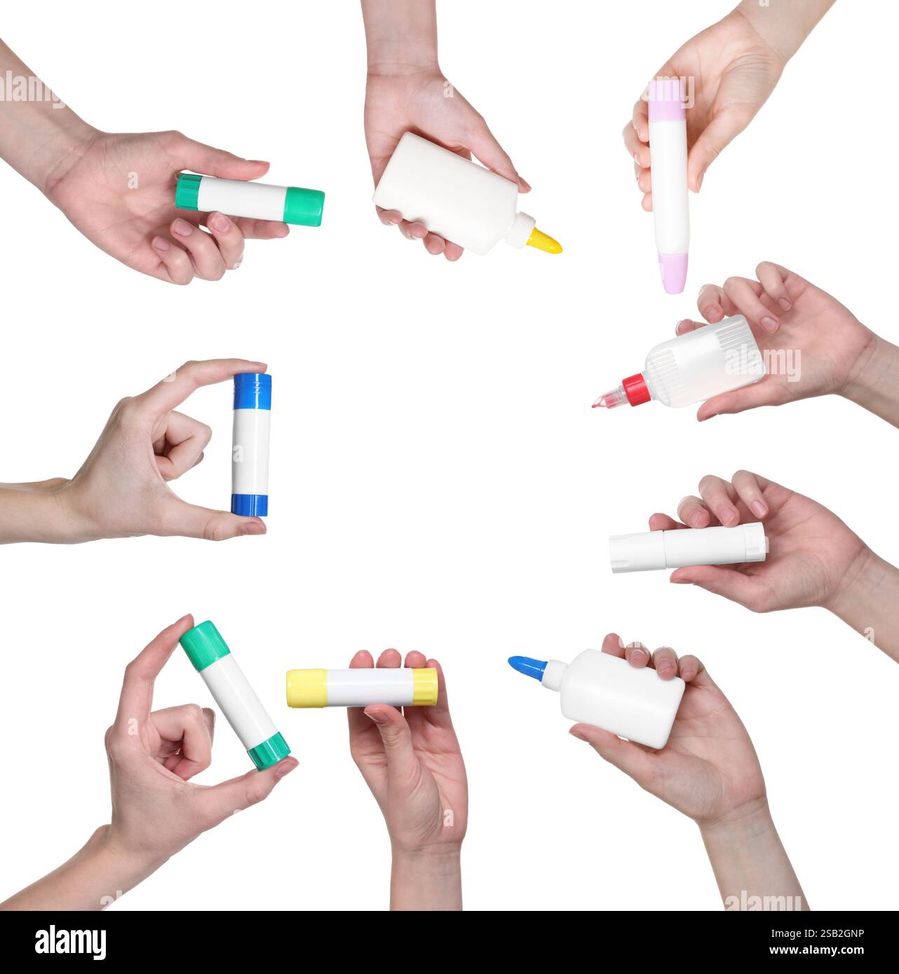 People Holding Different Types Of Glue In Hands Isolated On White Set people-holding-different-types-of-glue-in-hands-isolated-on-white-set