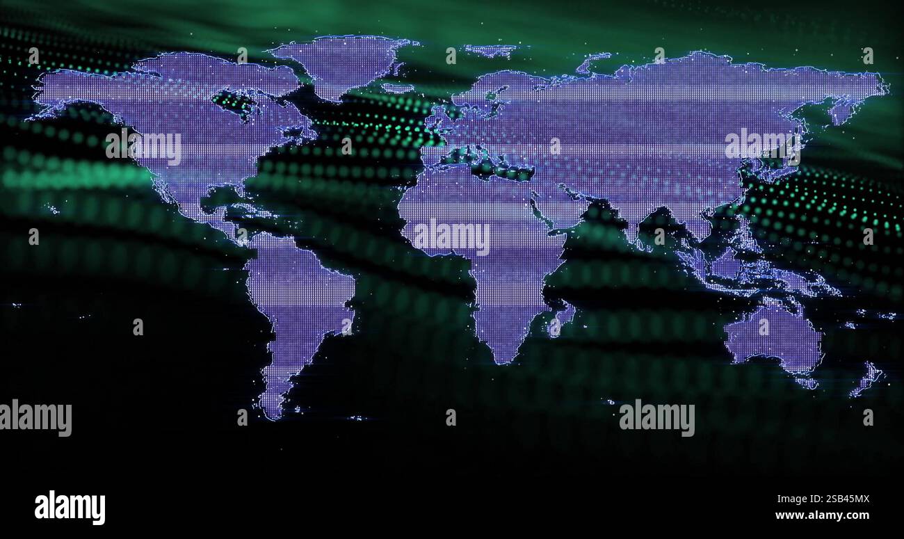 World map with data points and digital grid image over green background ...