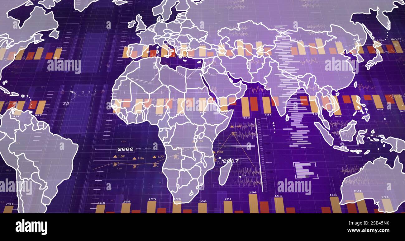 World map with bar charts and data processing image over purple ...