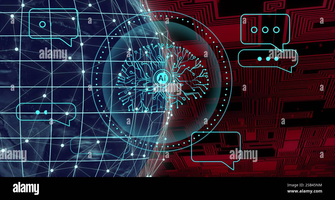 Image of ai text, human brain and digital data processing over globe Stock Photo