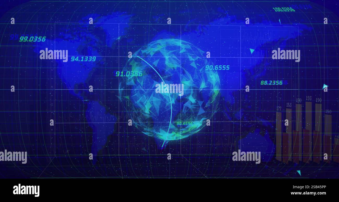 Digital globe with data points and bar graphs, financial data processing image Stock Photo