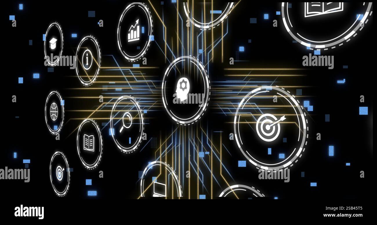 Icons representing various concepts and data processing image over dark background Stock Photo