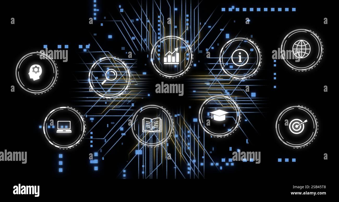 Icons representing various concepts with data processing image over dark background Stock Photo