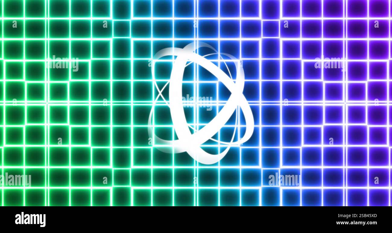 Glowing grid pattern with swirling white lines image over dark background Stock Photo