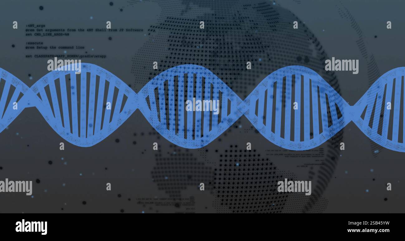 DNA strand image over digital world map and binary coding Stock Photo ...