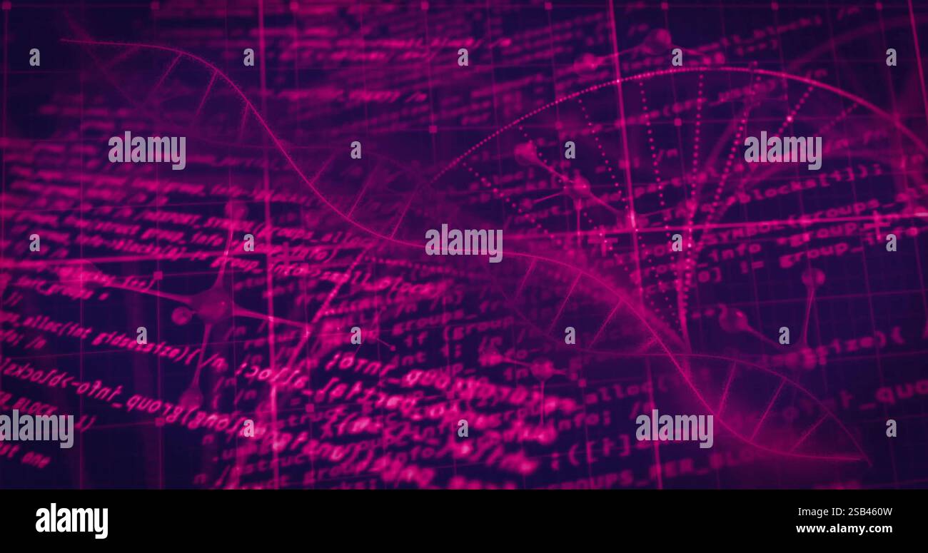 Image of dna strand with molecules over data processing on black background Stock Photo