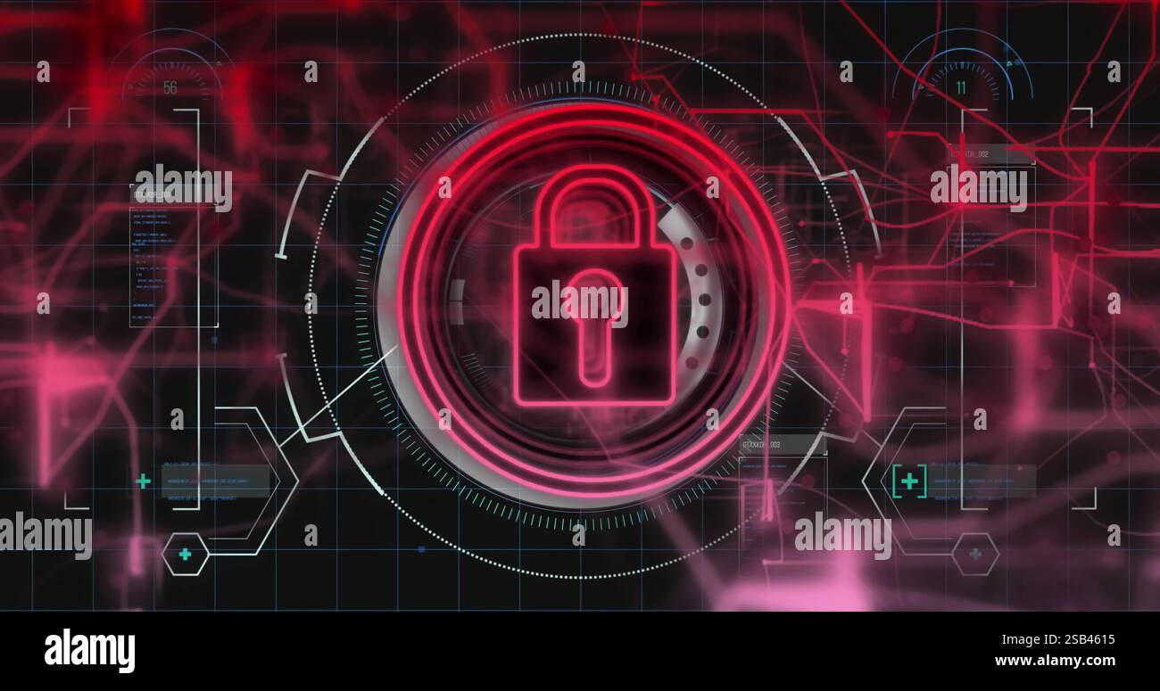 Digital padlock and security system image over futuristic interface ...