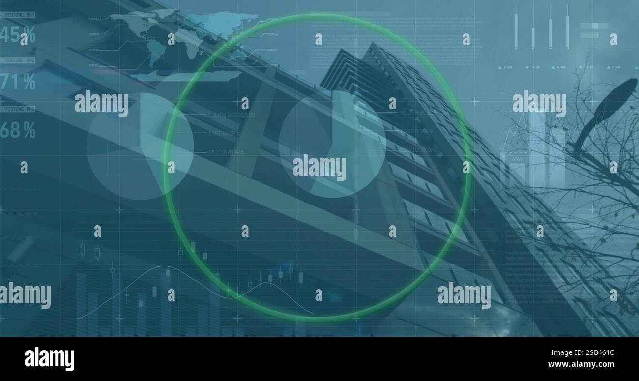 Financial data processing image over modern office building and global ...