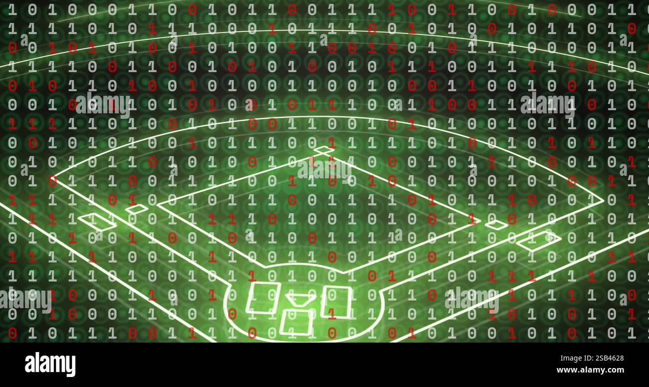 Binary code over baseball field image, representing data analysis in sports Stock Photo