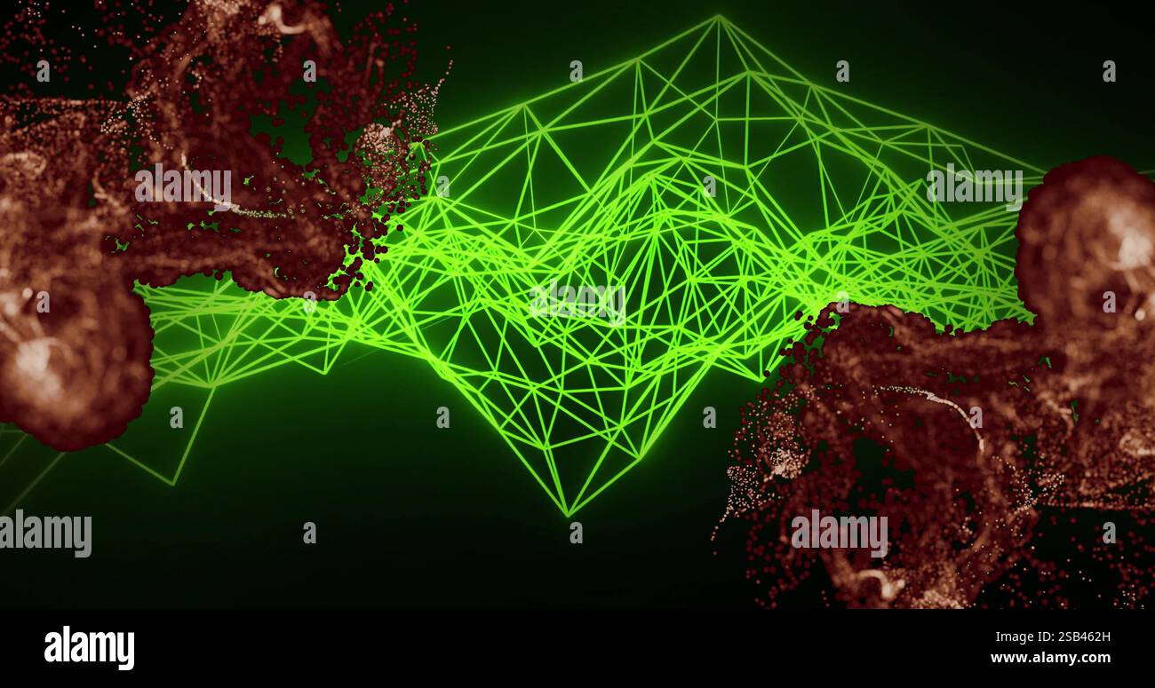 Green geometric network image over abstract red particles on dark background Stock Photo