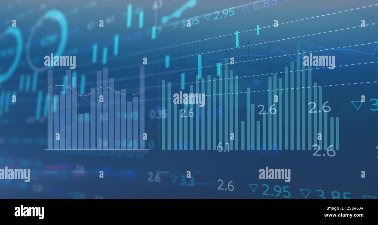 Financial data charts and binary coding, stock market analysis image Stock Photo