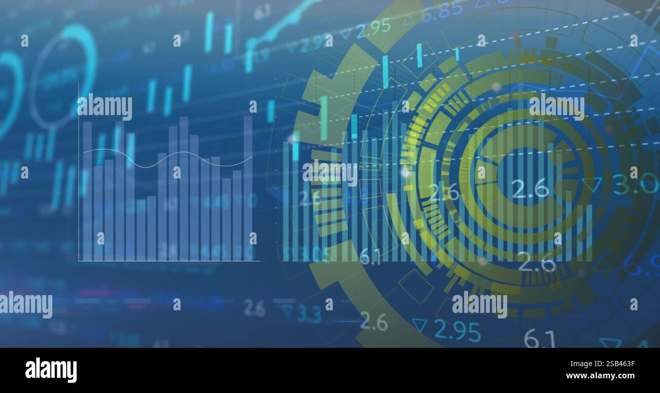 Financial data charts and graphs image over blue and yellow circular interface Stock Photo