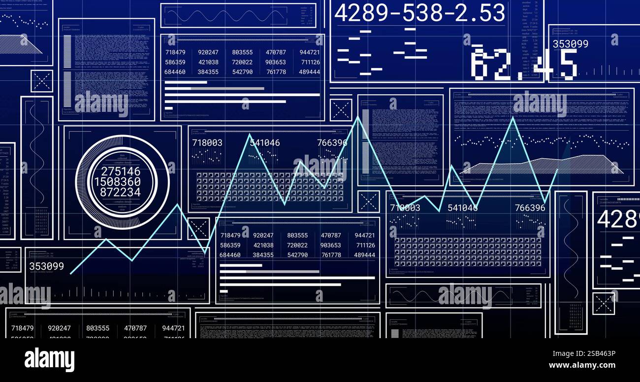 Graphs and numerical data analysis image over blue digital interface ...