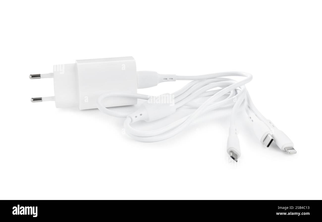 USB power adapter with triple charge cable isolated on white Stock Photo