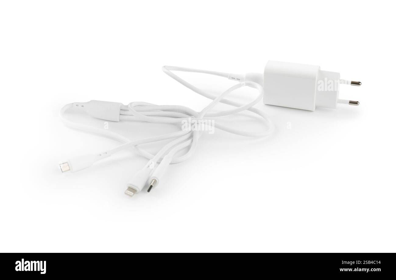 USB power adapter with triple charge cable isolated on white Stock Photo