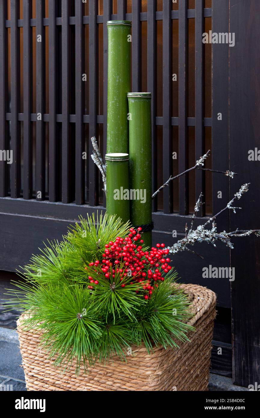 Kadomatsu are traditional decorations of bamboo, pine and plum branches ...