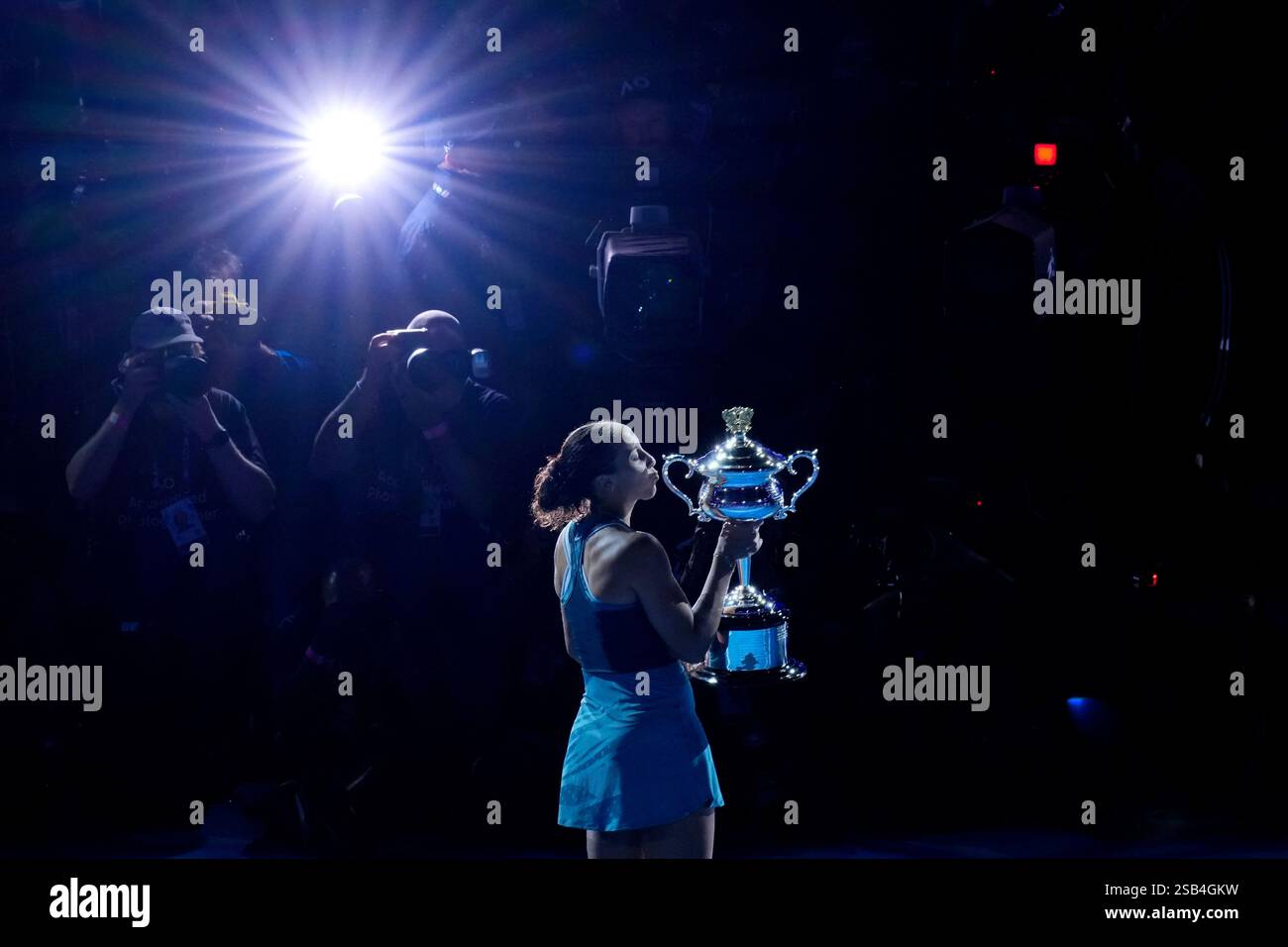 Madison Keys of the U.S. kisses her Daphne Akhurst Memorial Cup at the