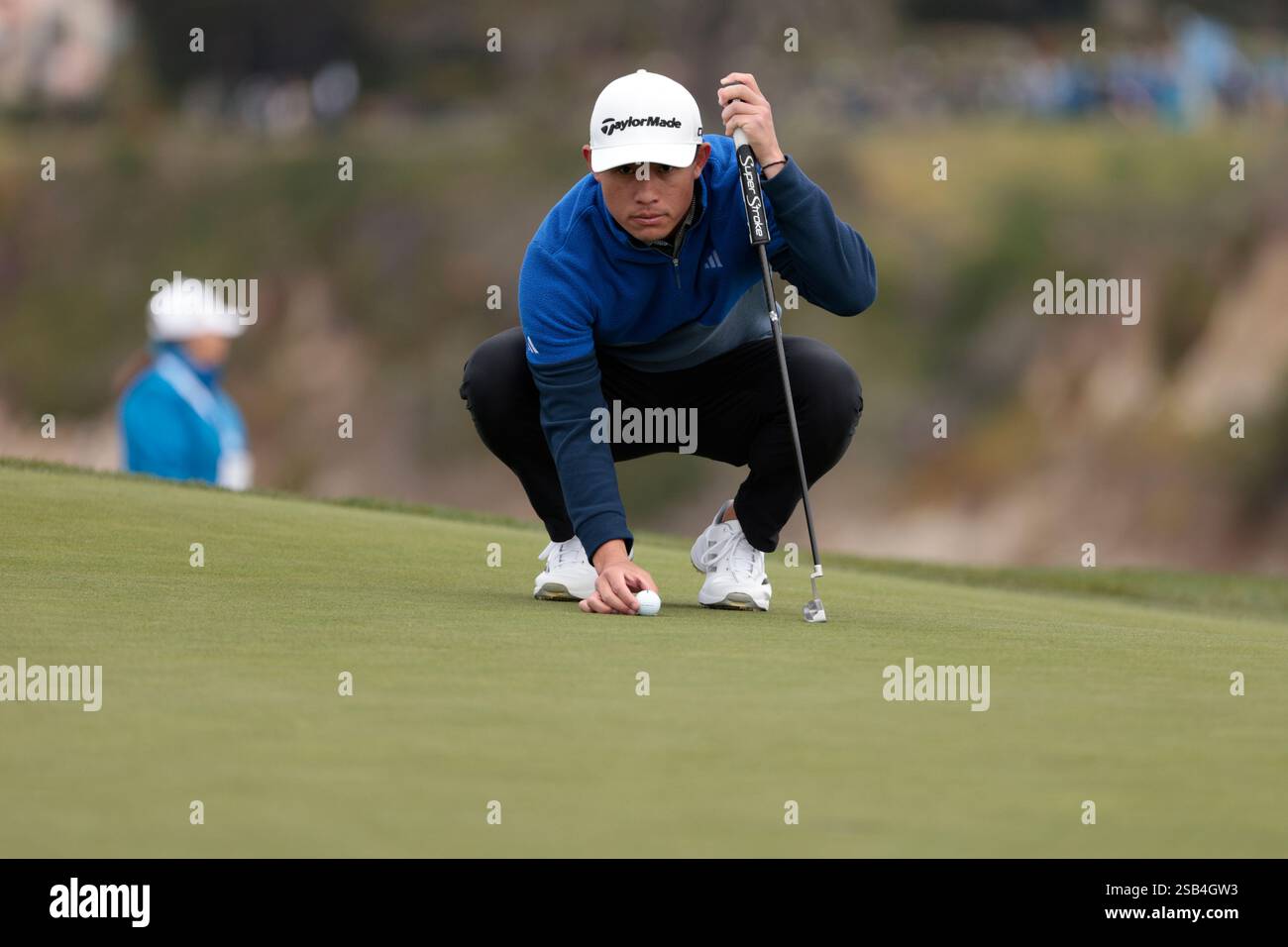 Collin Morikawa lines up on the sixth hole at Pebble Beach Golf Links