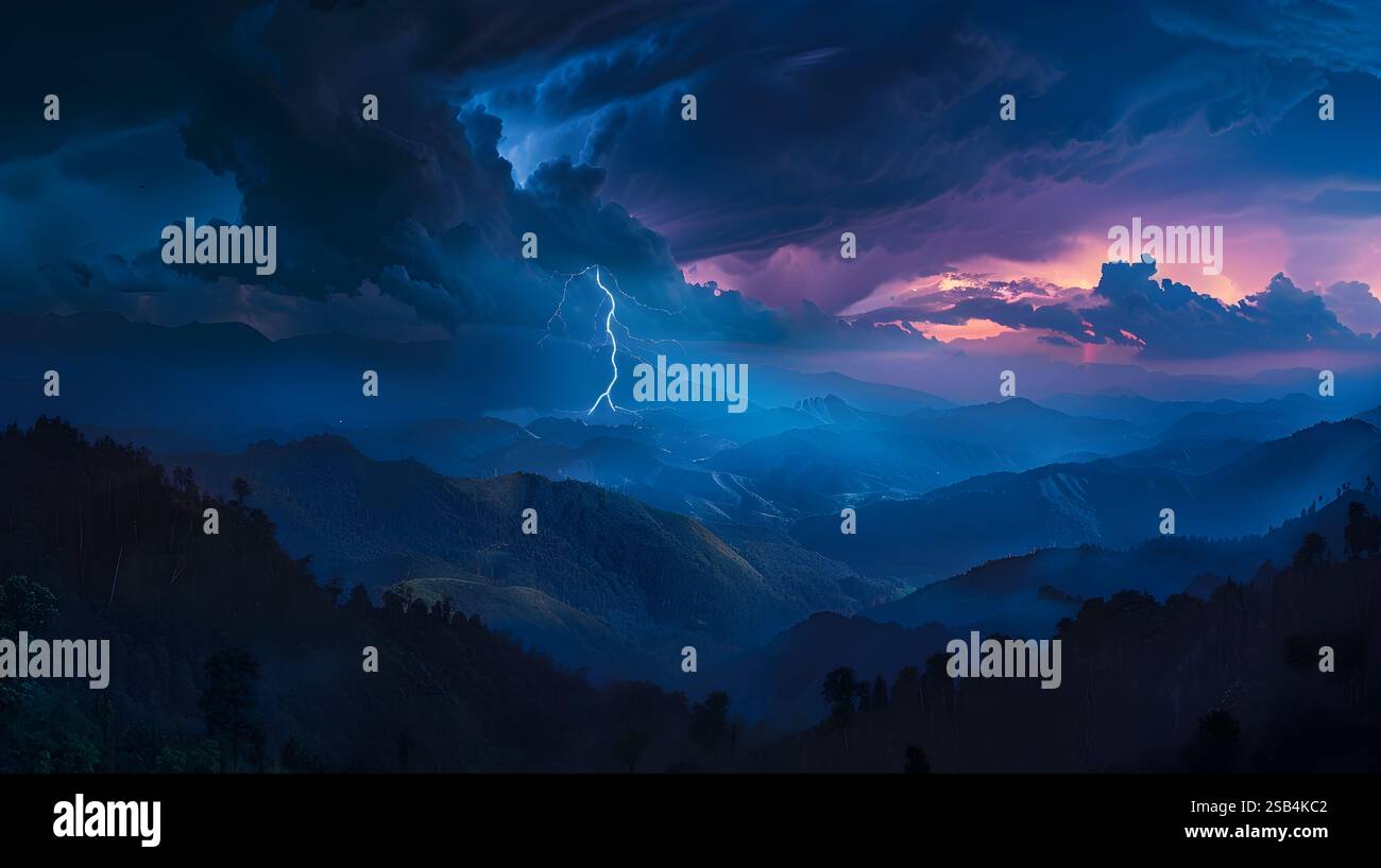 A powerful lightning strike illuminates a dark, stormy sky over a ...
