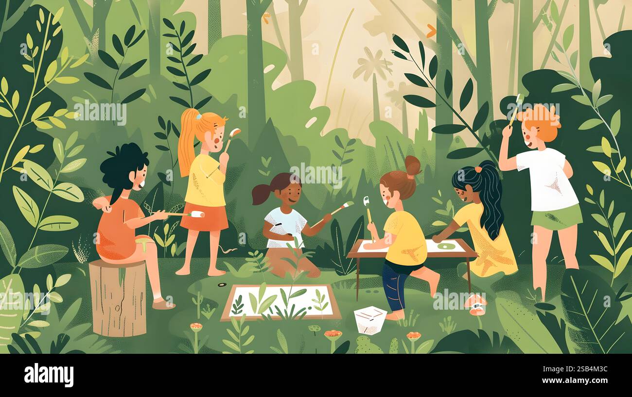 A vibrant depicting a group of children engaged in painting outdoors ...