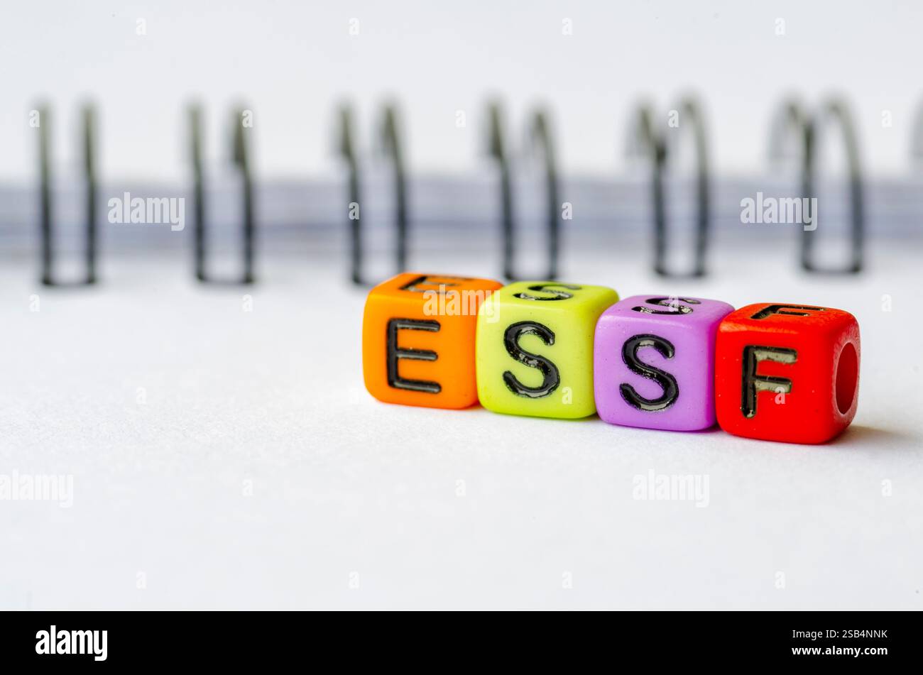 ESSF text on colorful plastic alphabet representing Environmental, Social, Safeguards and framework. Stock Photo