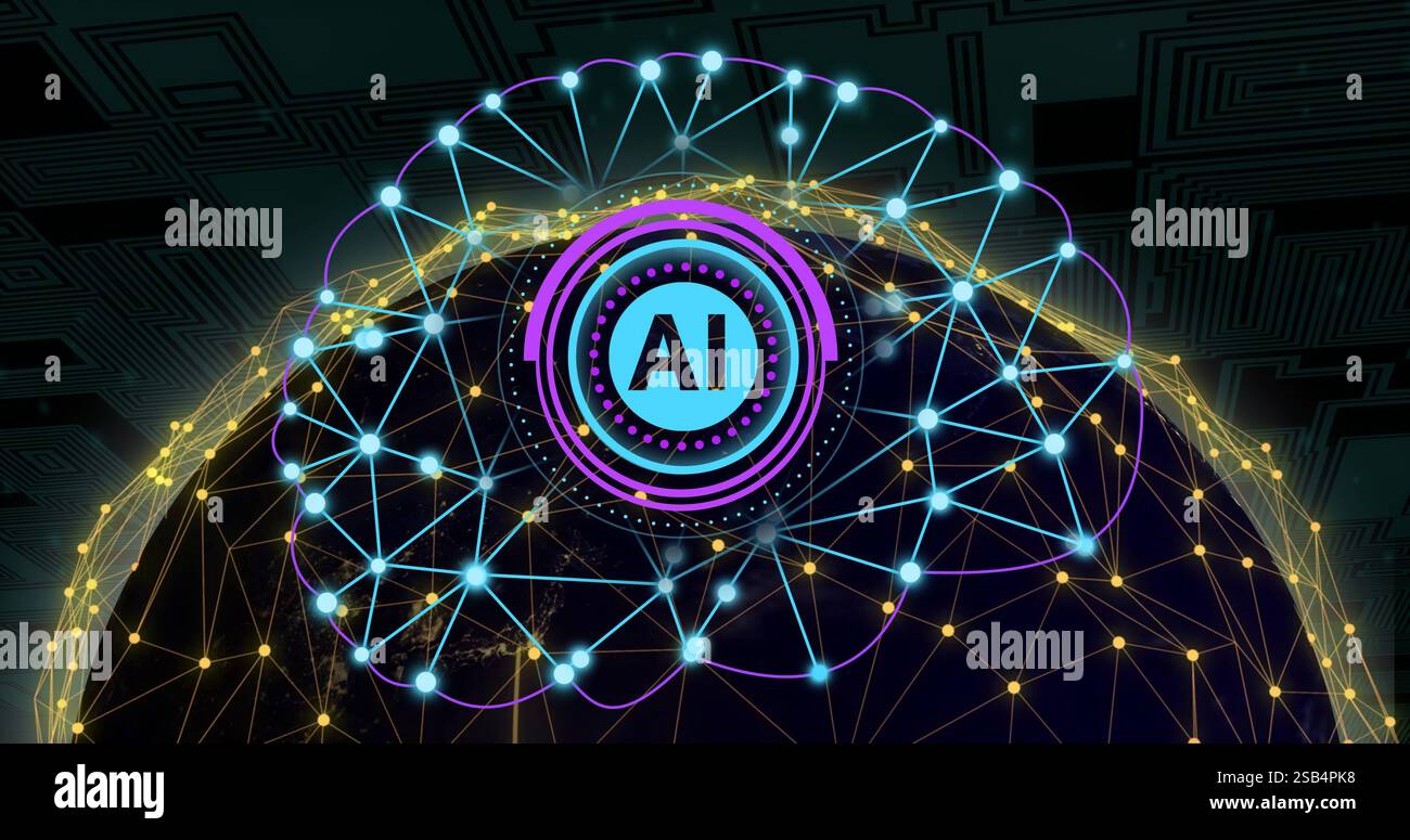 AI text and network connections image over digital globe Stock Photo