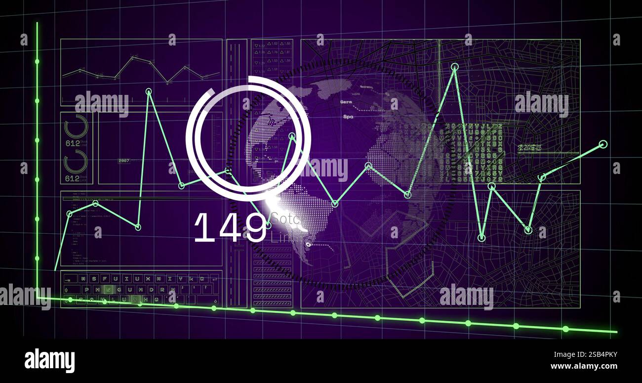 Image of digital data processing and globe over grid Stock Photo - Alamy