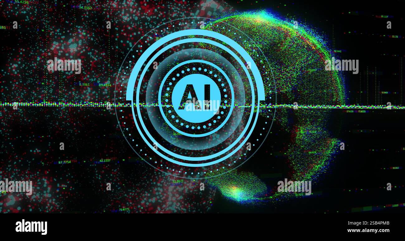 AI text over digital globe with data points and circular interface image Stock Photo