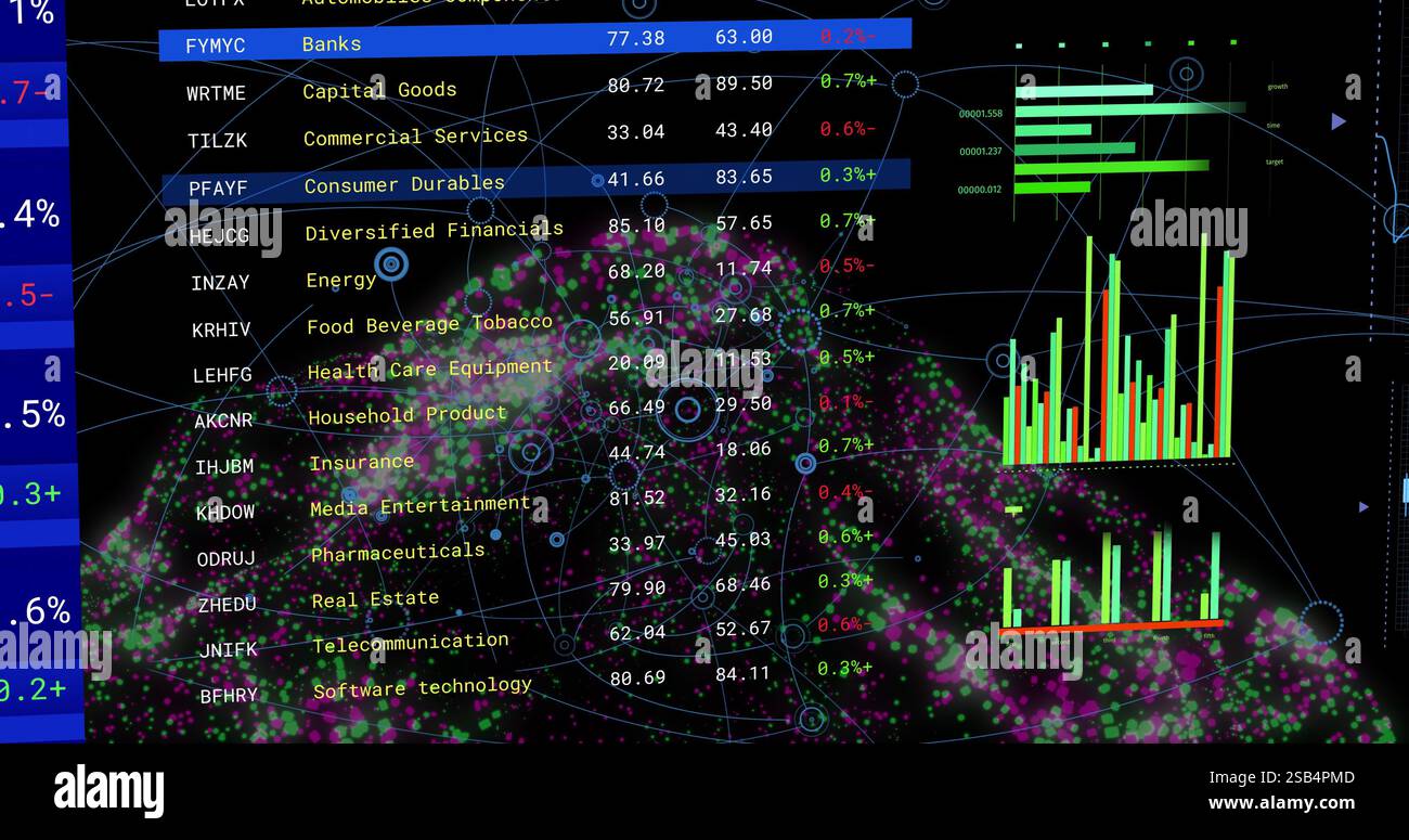 Stock market data over colorful abstract image of network connections ...