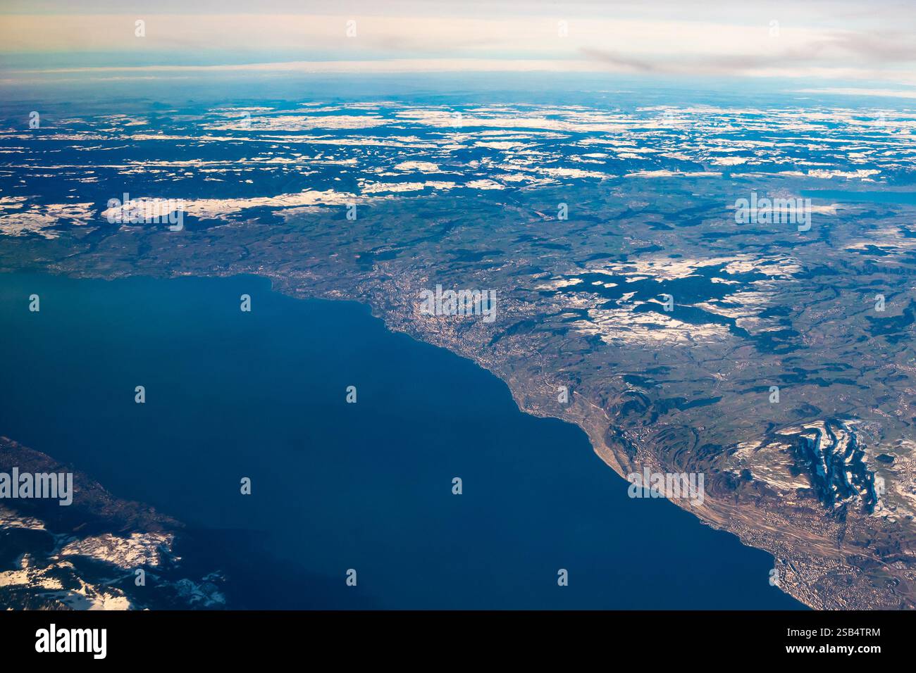 An aerial view of large Lake Geneva between Switzerland and France ...
