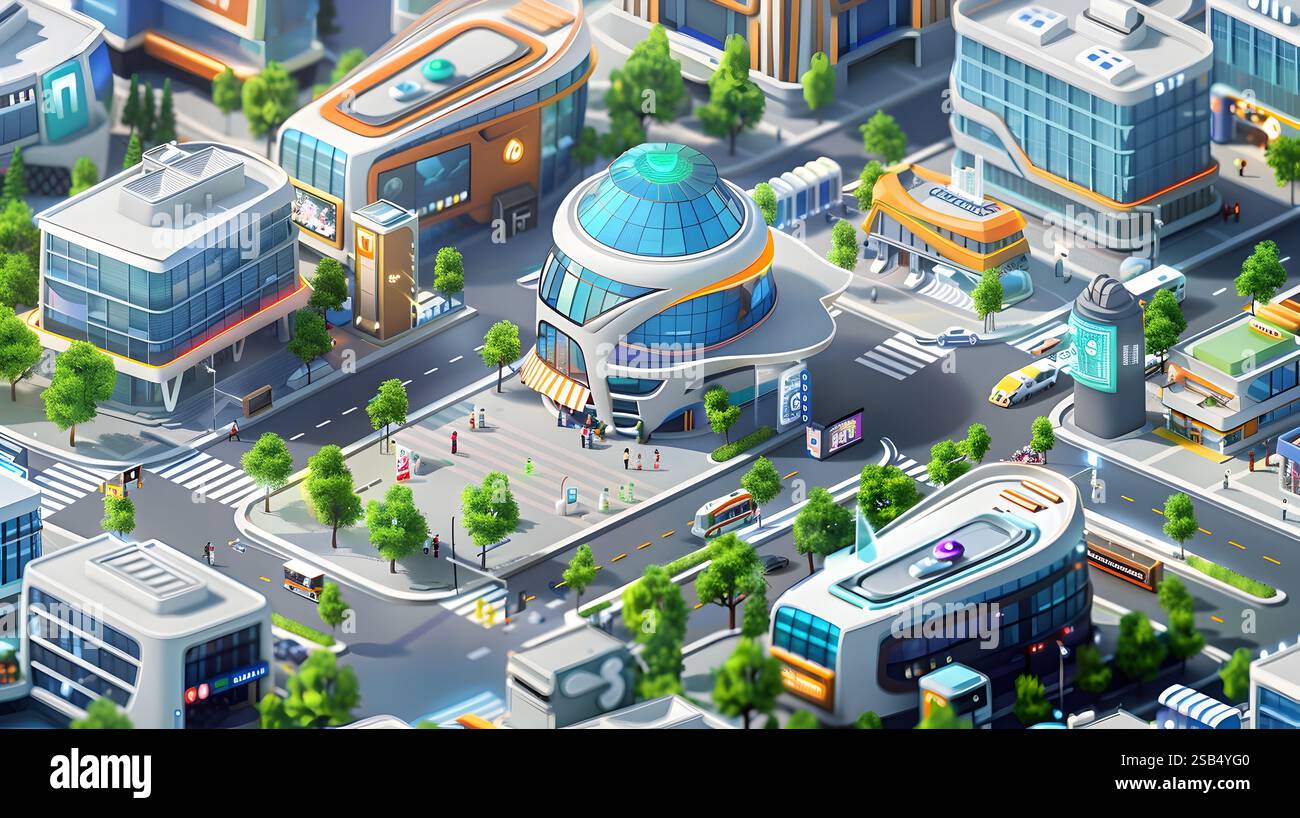 Mized Use Rendering This isometric rendering showcases a futuristic mixed-use development ...