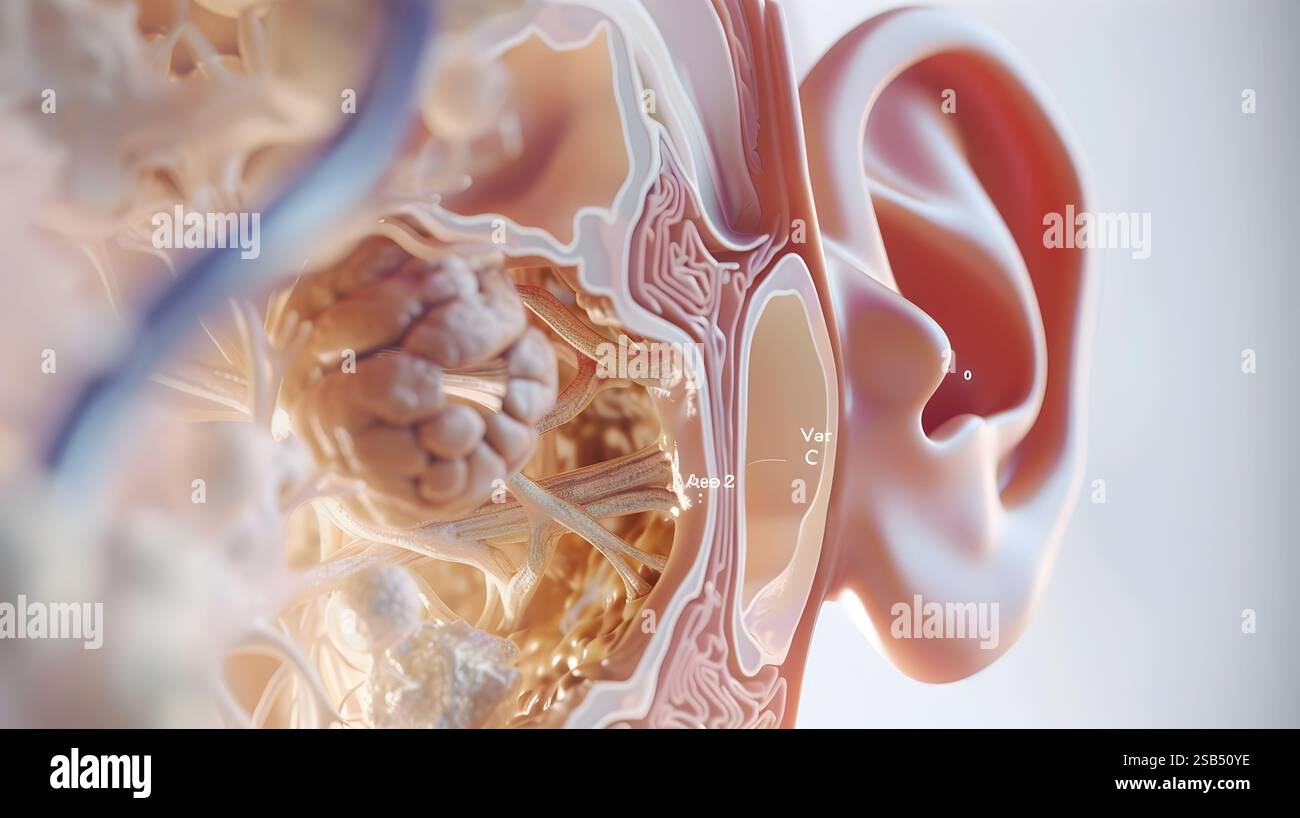This detailed showcases the healthy human ear anatomy, featuring the ...