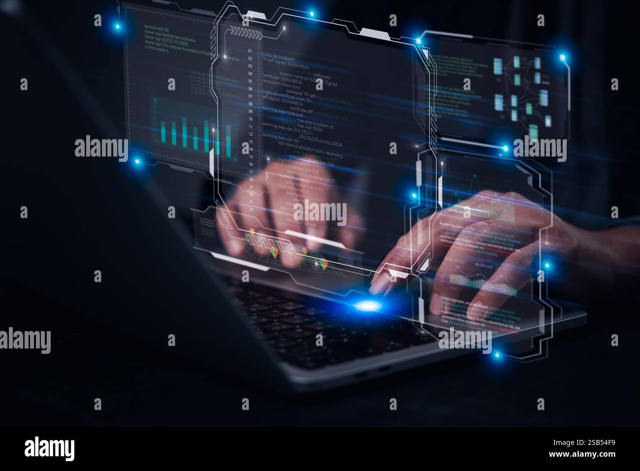 Hands typing on laptop with programming code on screen, software development. coding, IT solutions, digital technology, web applications javascript on Stock Photo